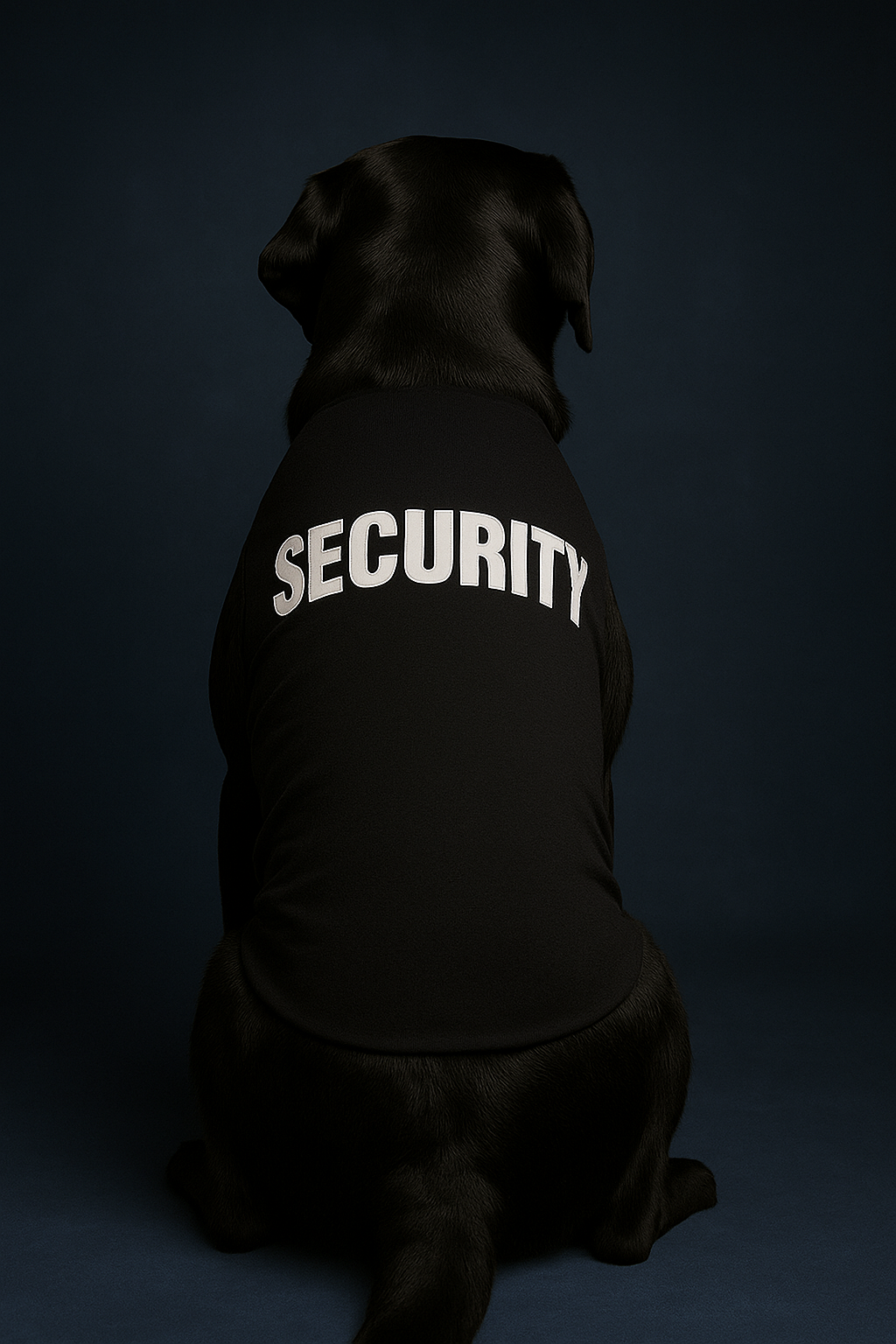 a black labrador wearing a security shirt and facing away