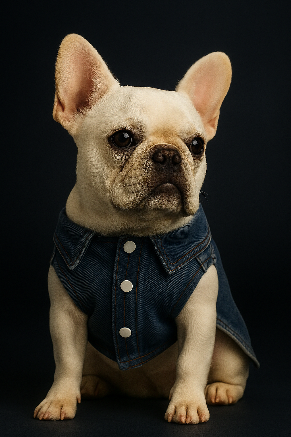 a french bulldog puppy wearing a denim jacket