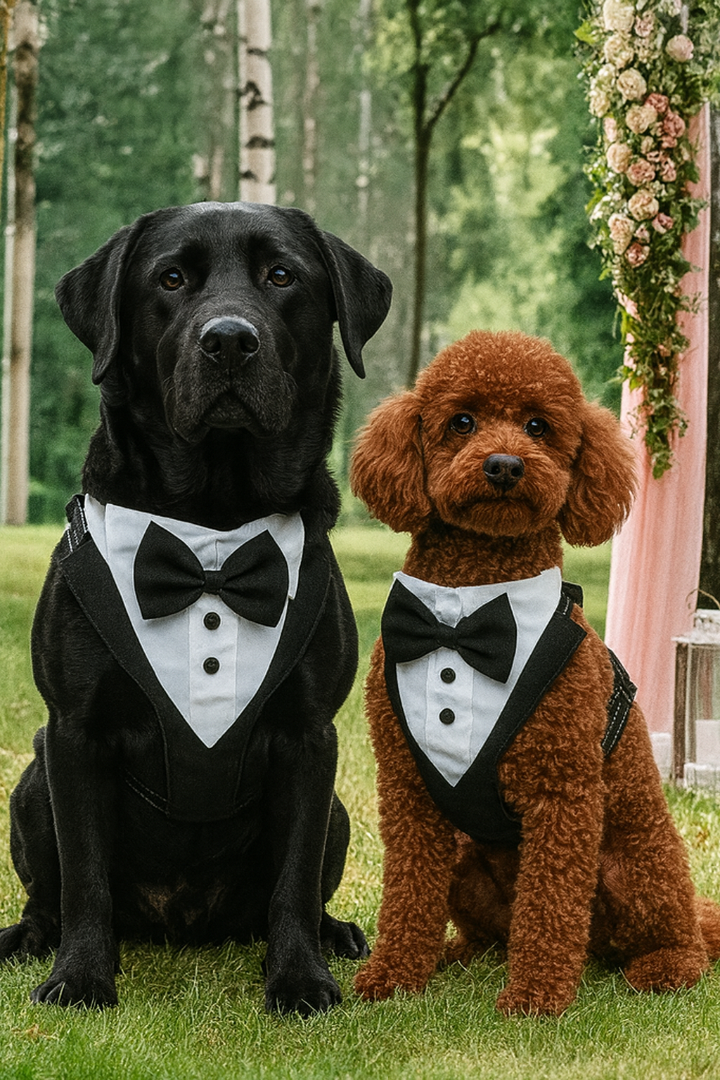a black labrador and brown poodle wearing a tuxedo and posing for a picture