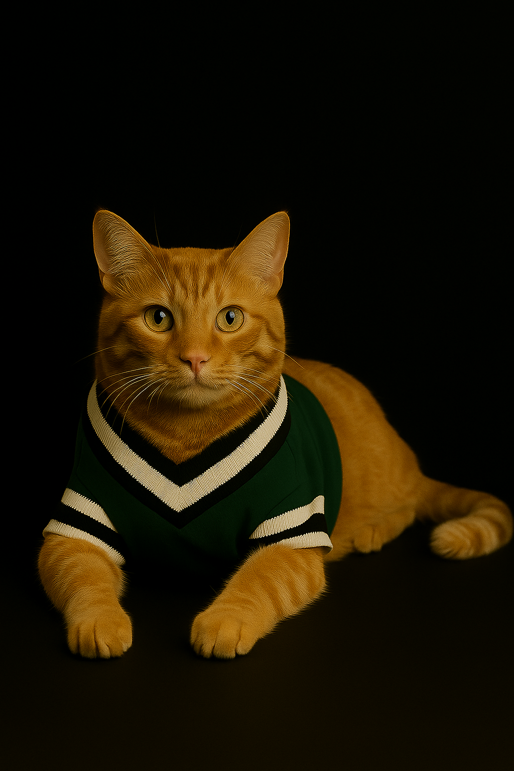 Orange cat wearing a green sweater with white stripes on a black background
