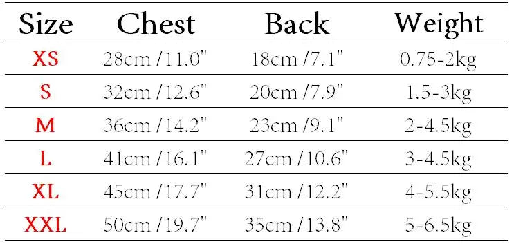 Size chart for clothing with measurements in centimeters and inches, weight ranges, and size labels.