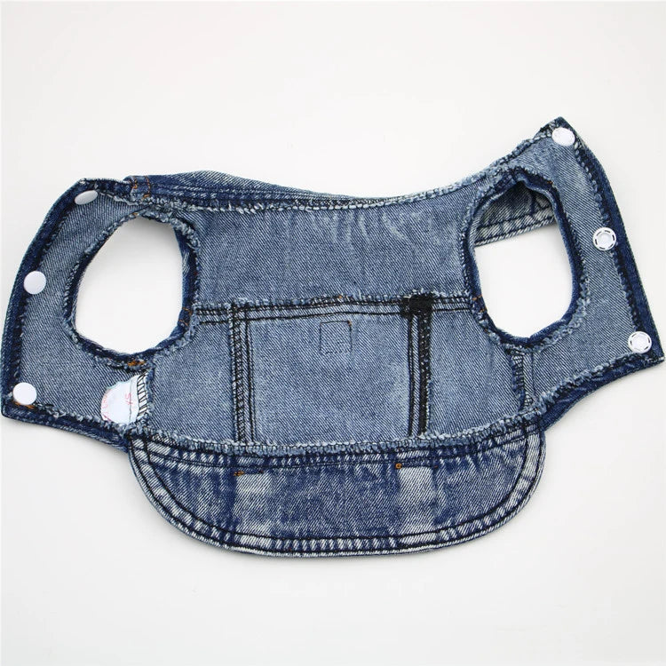 Denim-style pet vest with button closures on a white background