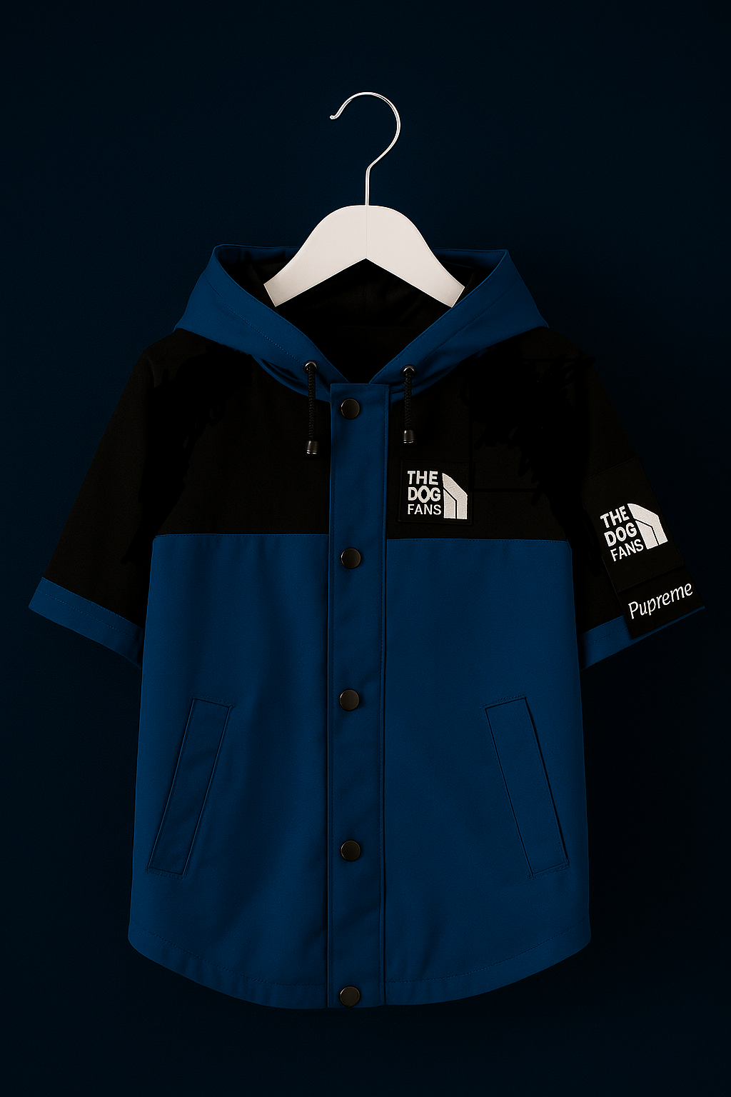 Blue and black jacket with 'The North Face' logo on a hanger against a dark background