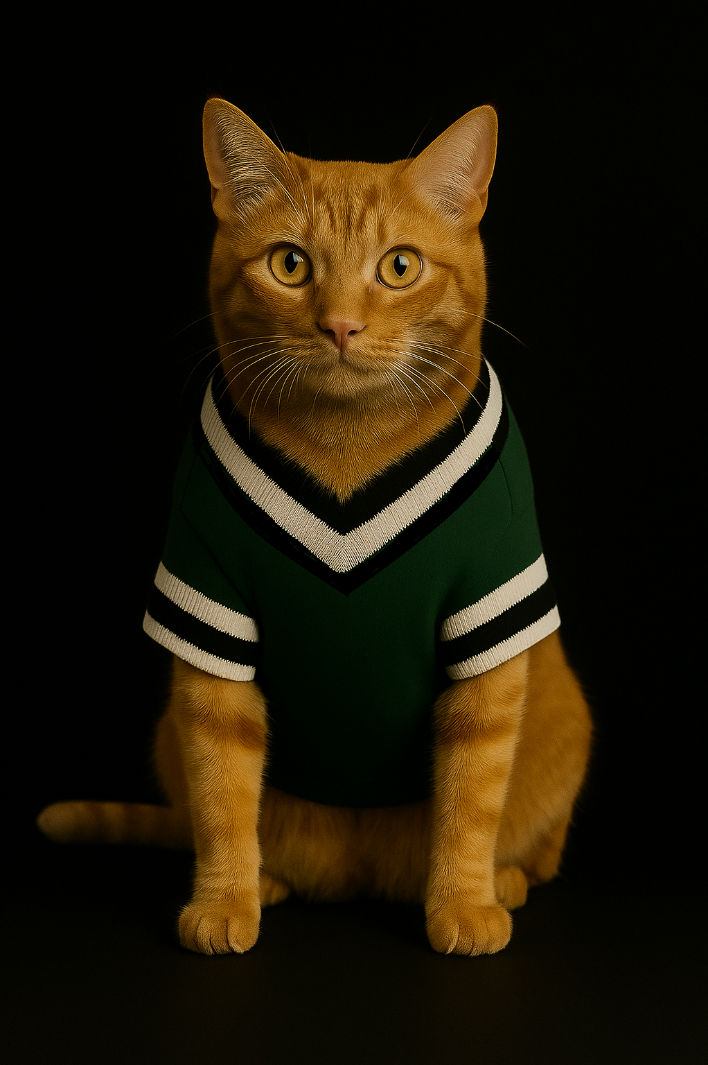 Orange cat wearing a green sweater with white stripes on a black background