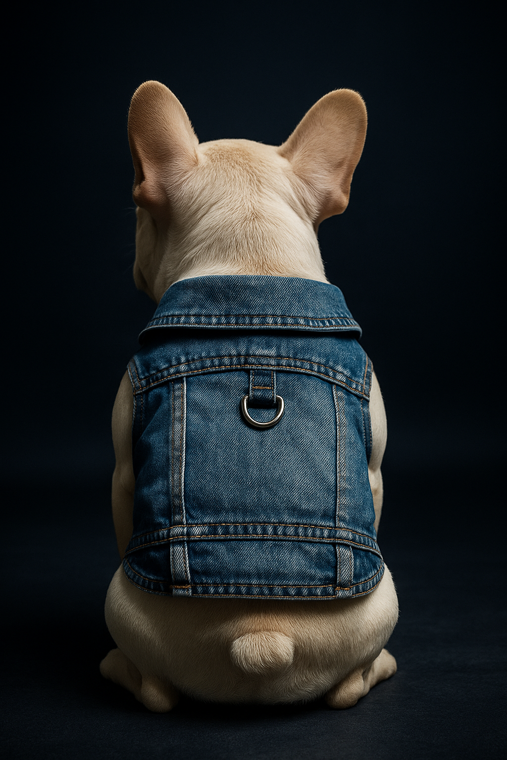 Dog wearing a denim jacket on a black background