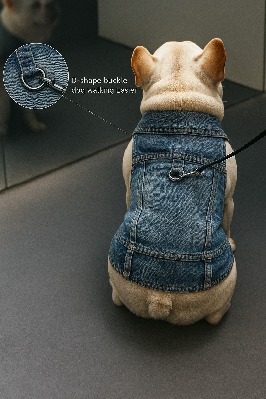 Dog wearing a denim vest with a D-shaped buckle on a dark surface