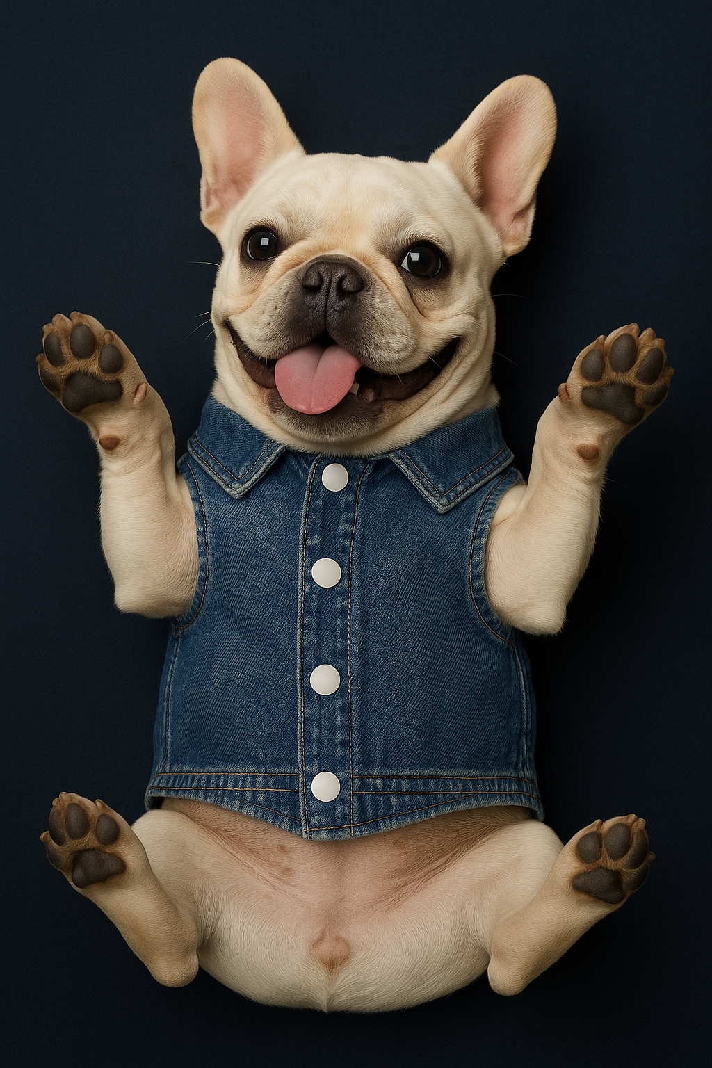 Dog wearing a denim jacket on a black background