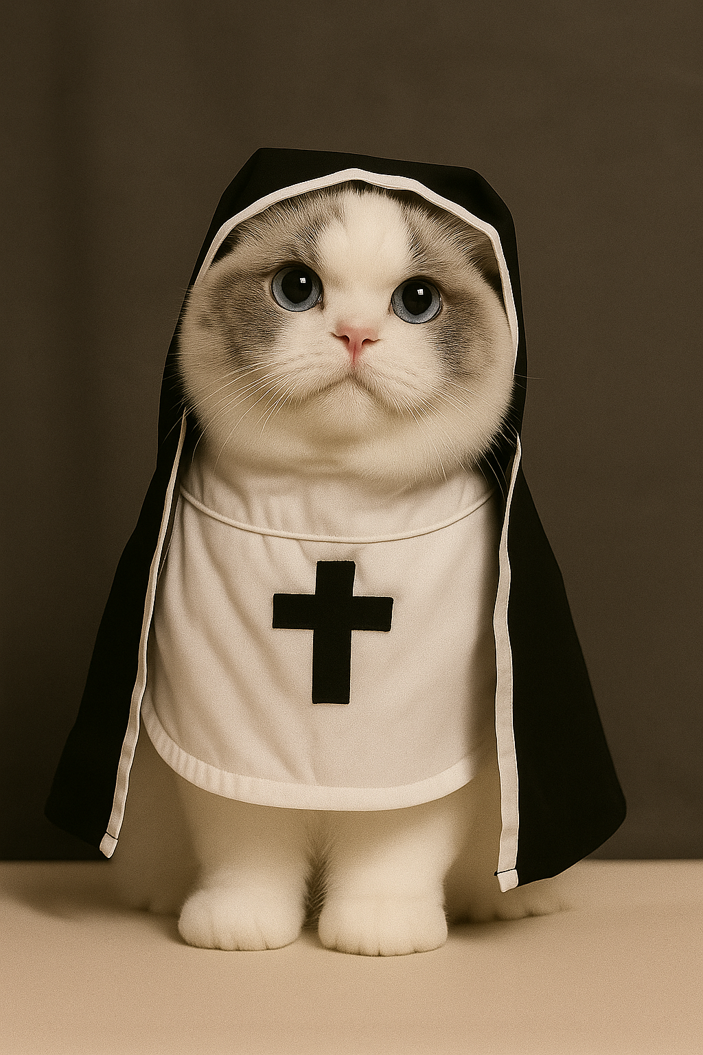 Cat wearing a nun costume with a cross on a brown background