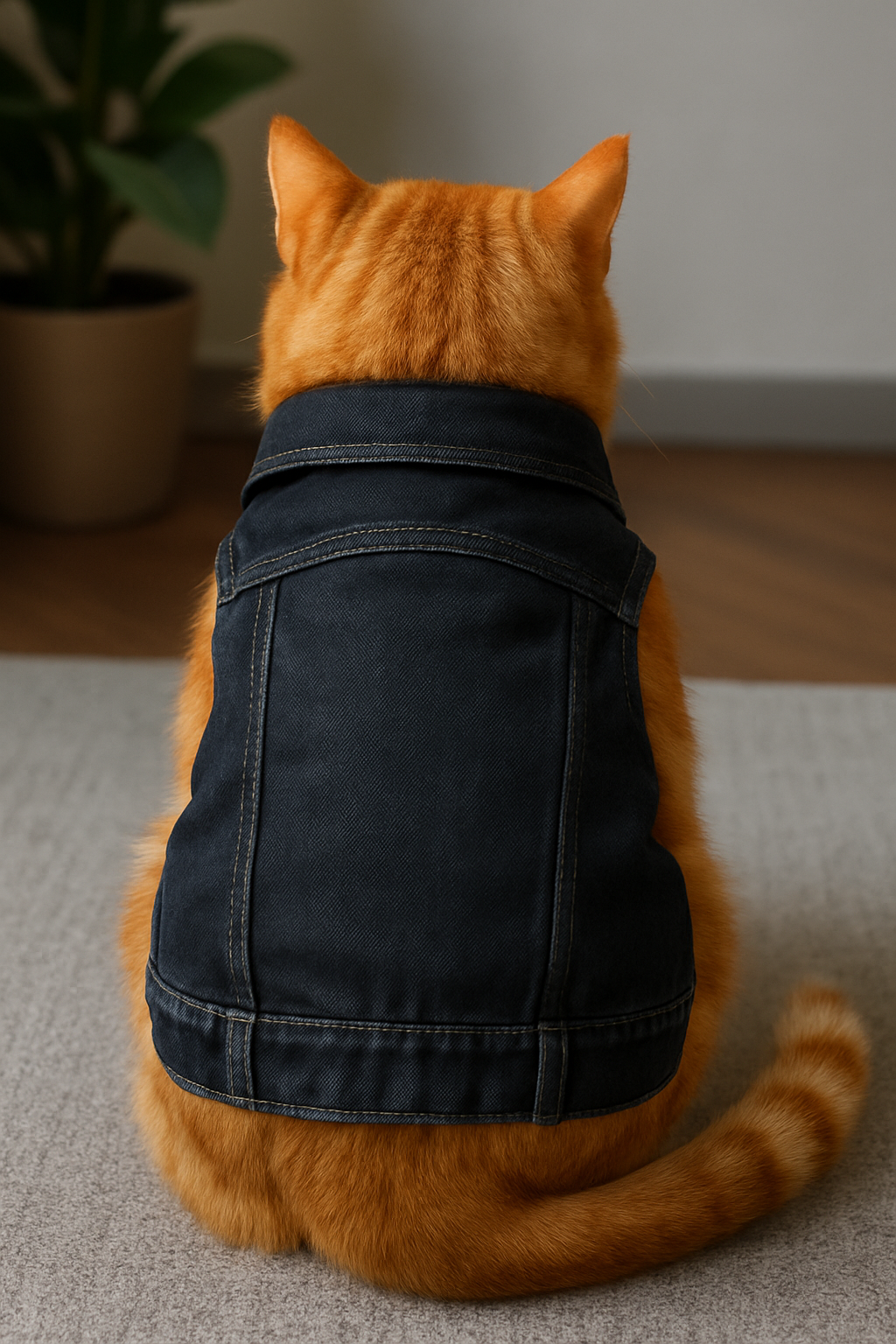 Orange cat wearing a black denim vest on a carpeted floor.