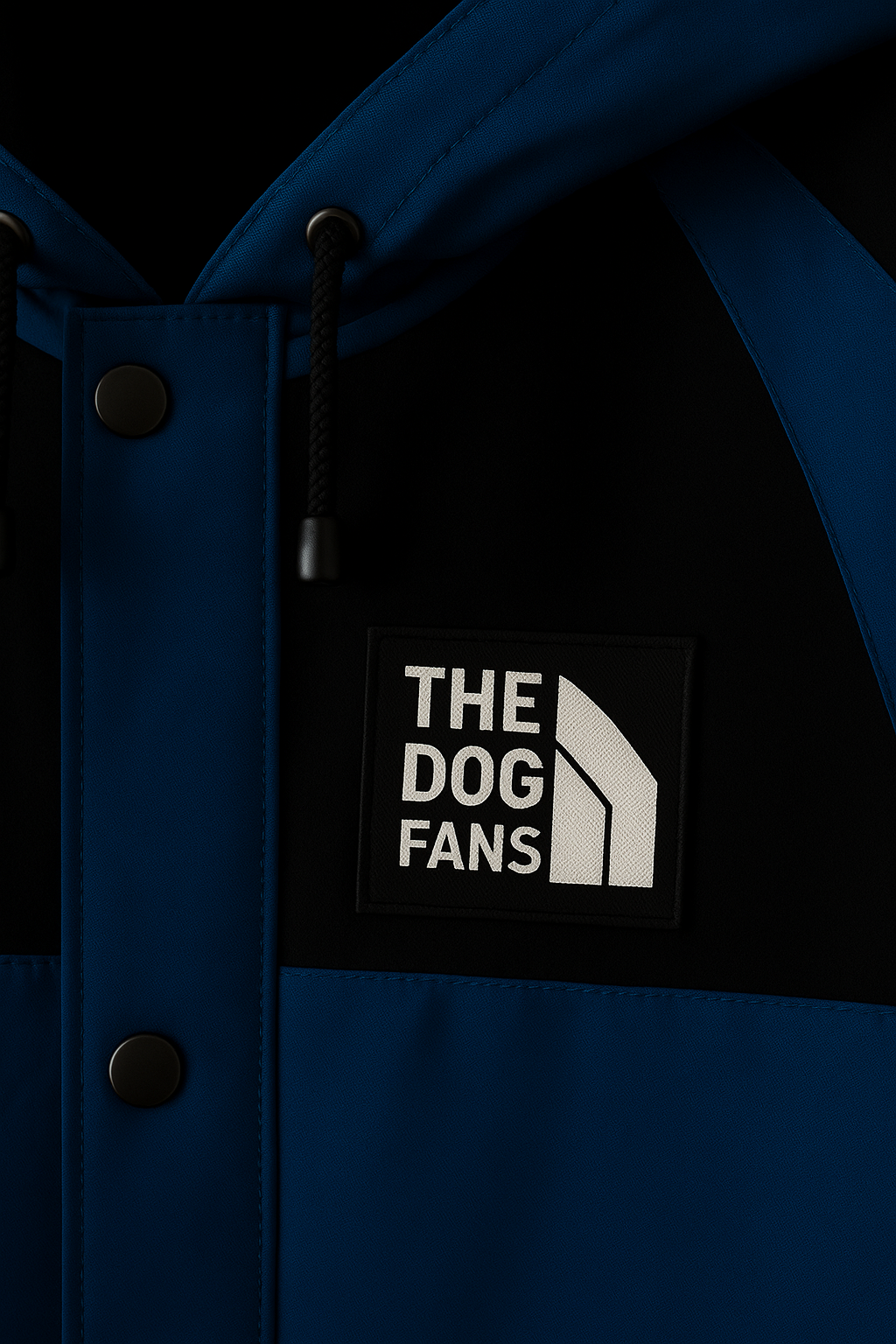 Blue jacket with 'The Dog Fans' logo on a black background