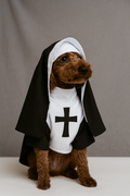 Dog wearing a nun costume with a cross on a gray background