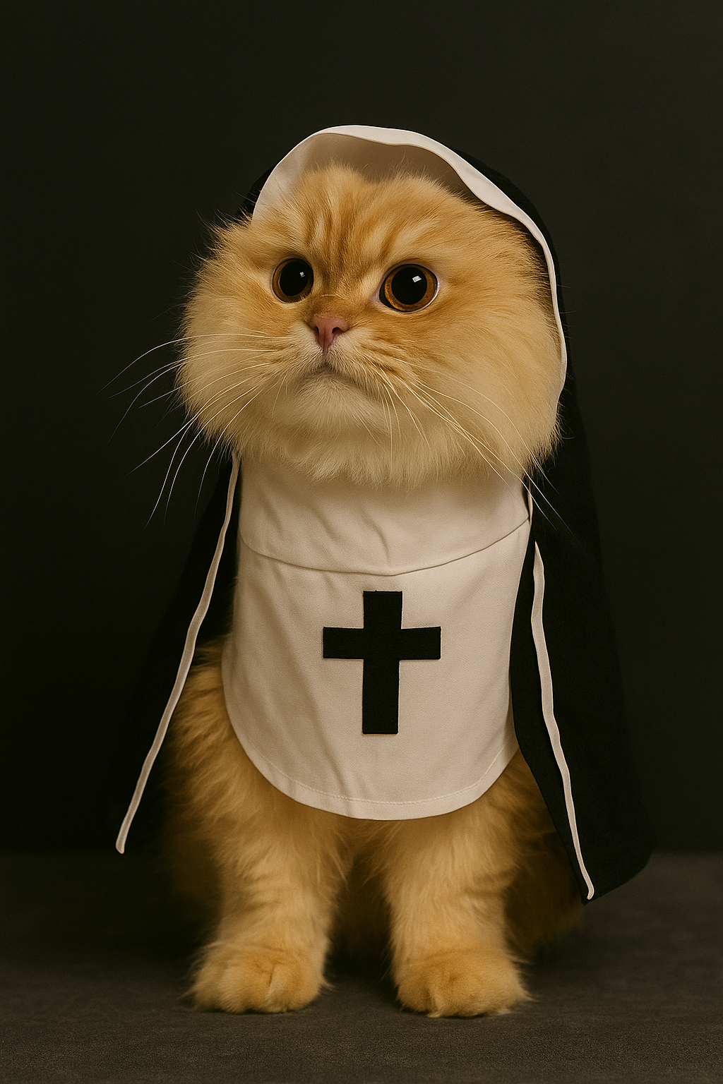 Cat wearing a nun costume with a black cross on a dark background