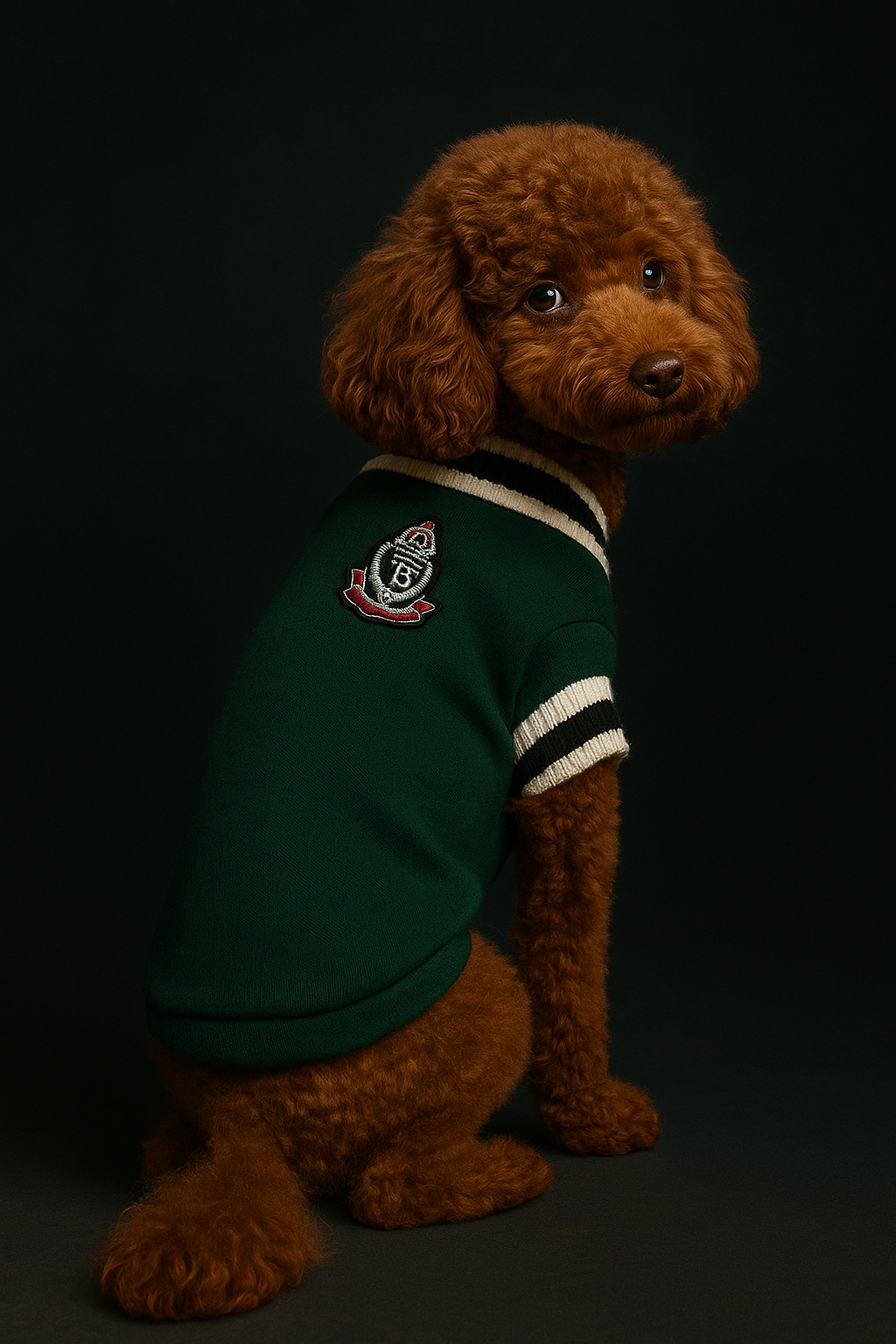 Brown dog wearing a green sweater with a logo on a black background