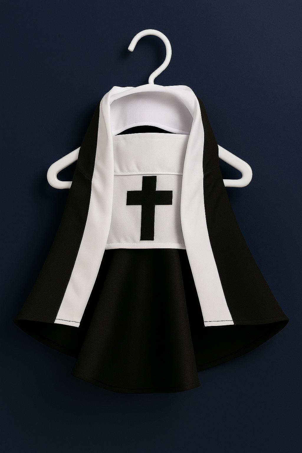Black and white dress with a cross on a hanger against a dark background