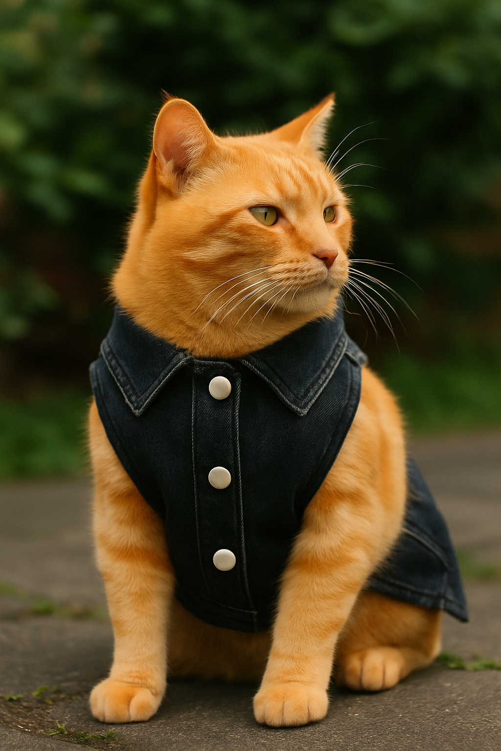 Orange cat wearing a black denim vest with silver buttons on a blurred green background