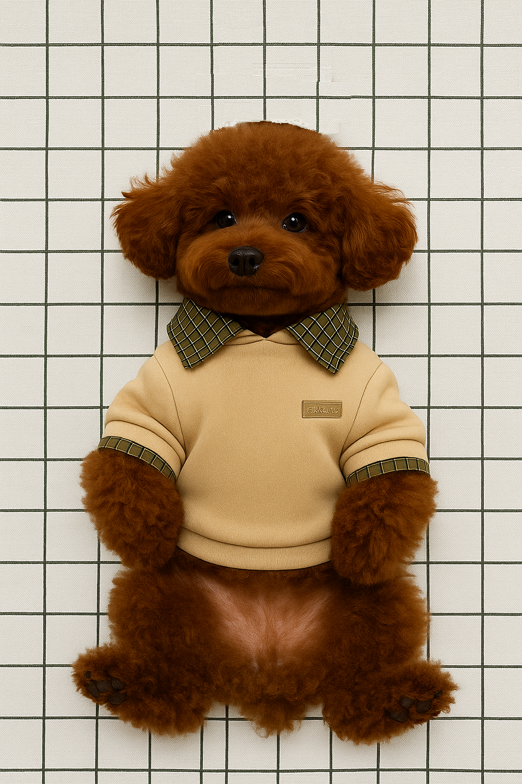 Brown teddy bear wearing a beige sweater with plaid trim on a grid background