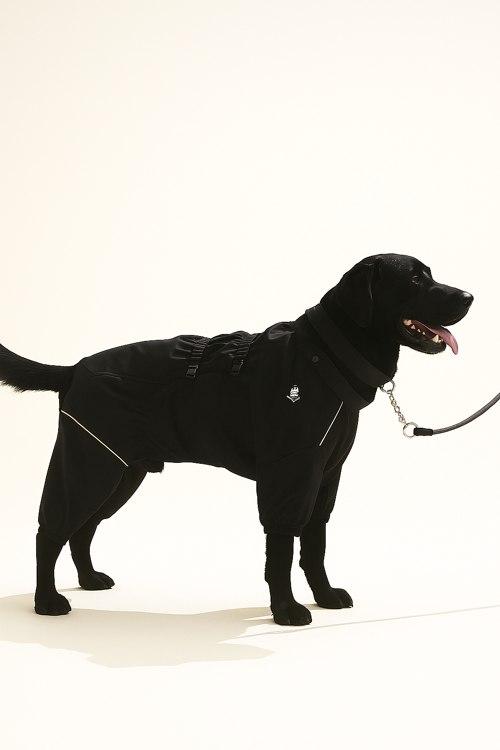 Black dog wearing a black coat on a white background