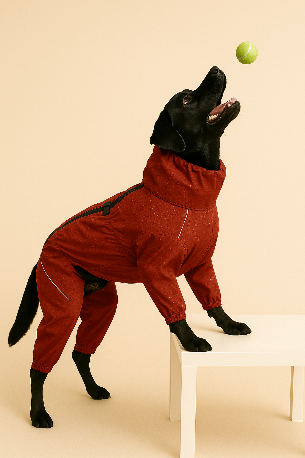 Dog in a red outfit playing with a green ball on a beige background
