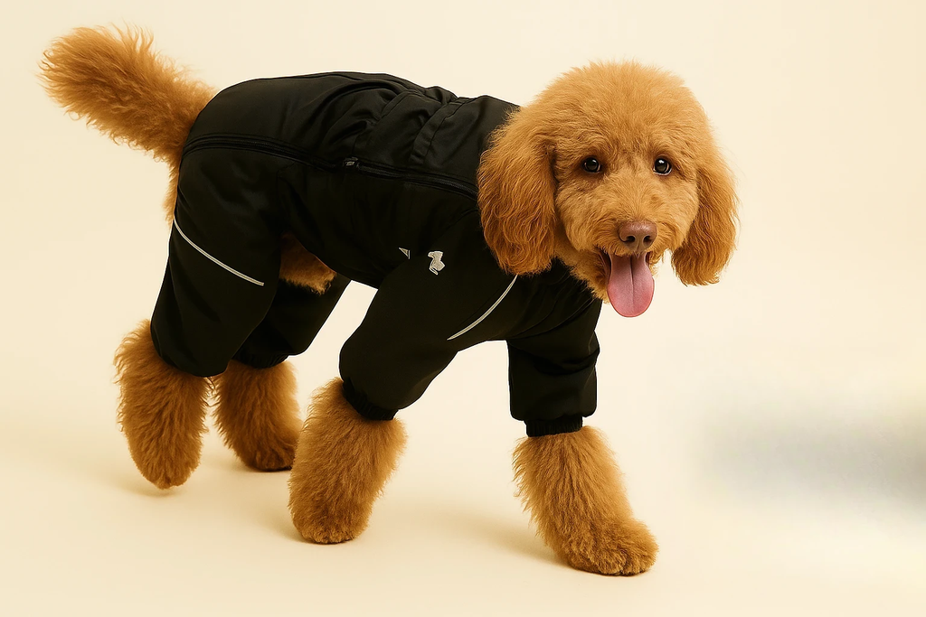 Dog wearing a black outfit on a beige background