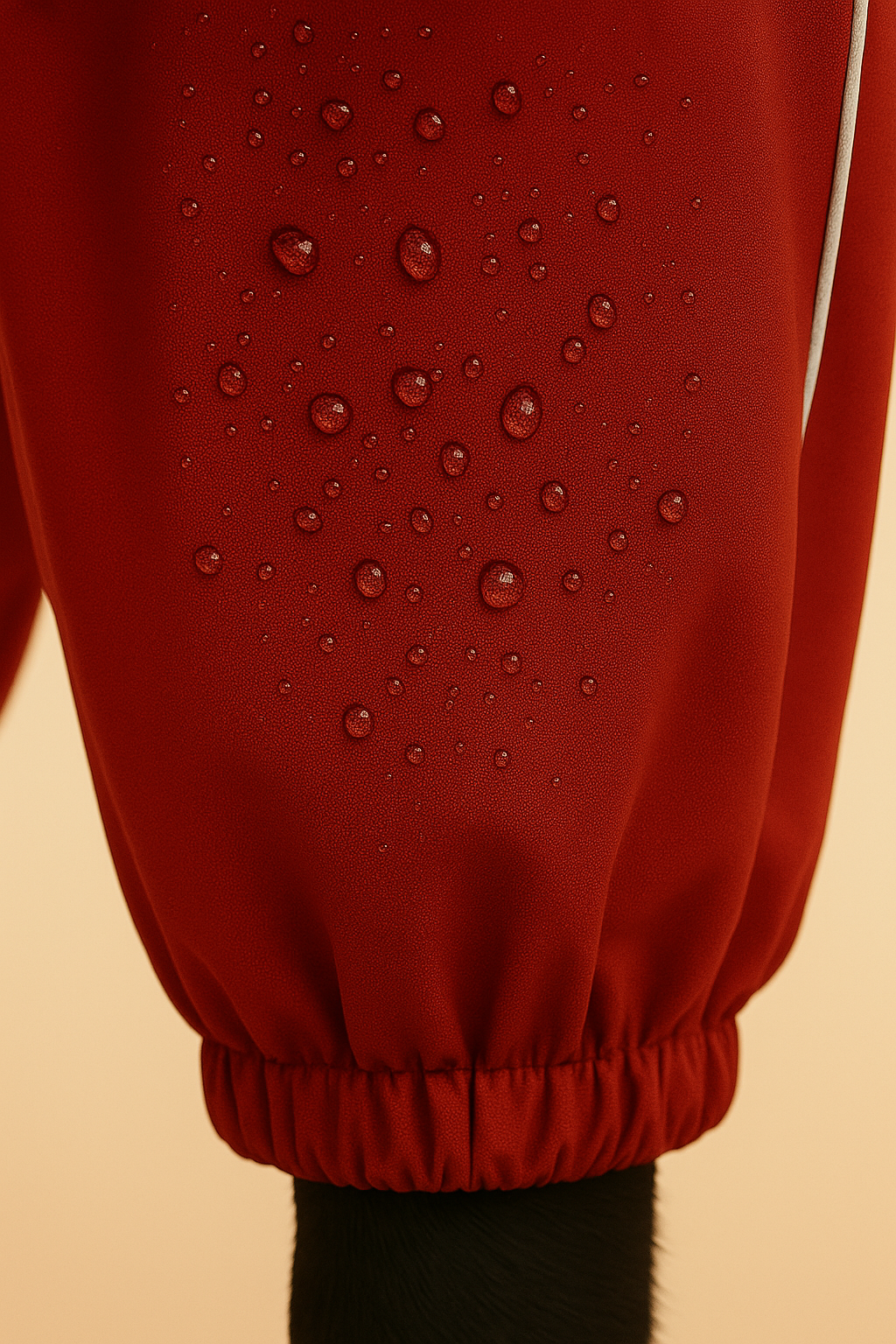 Red sweatshirt with water droplets on a beige background