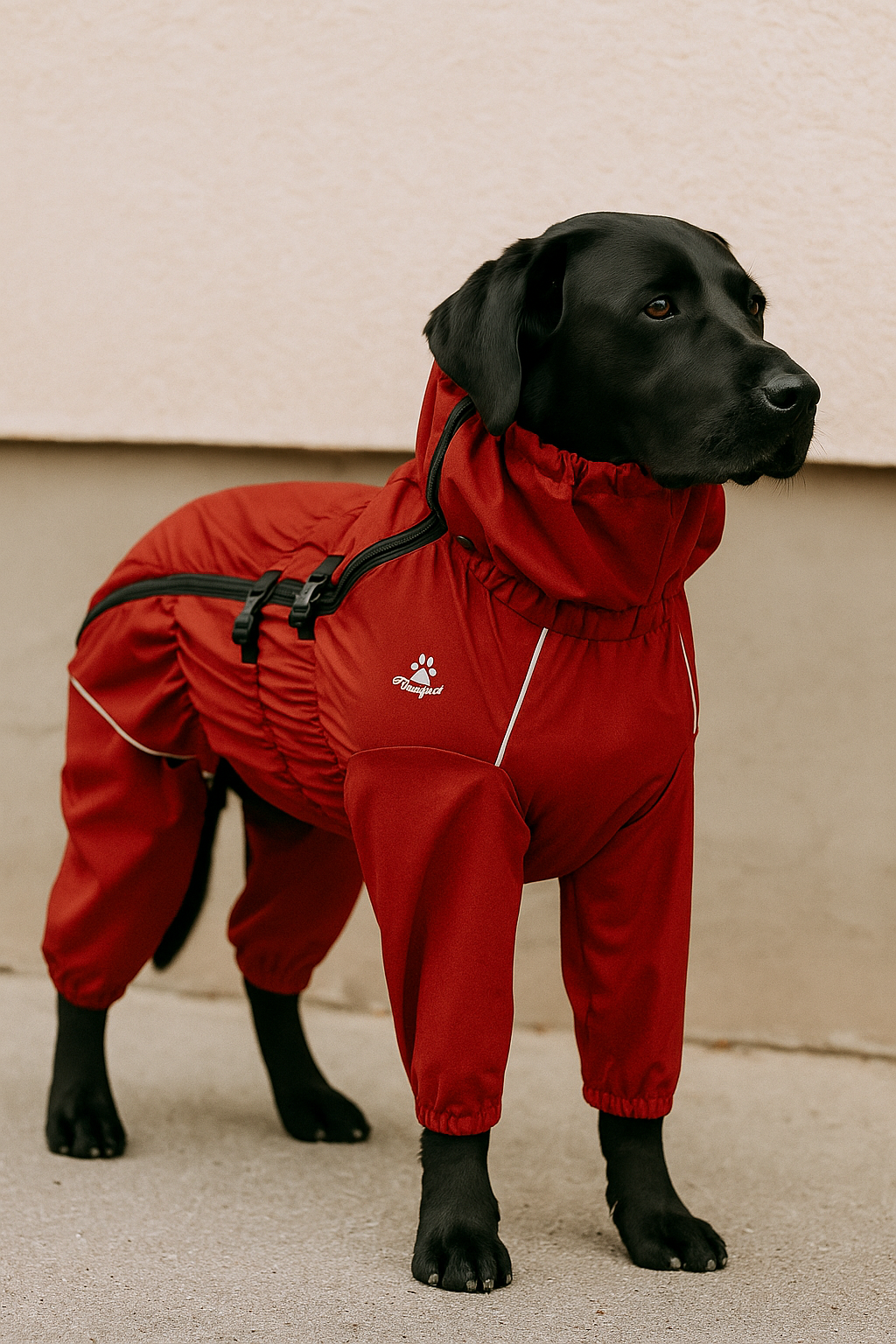 Black dog wearing a red raincoat with a brand logo on a neutral background