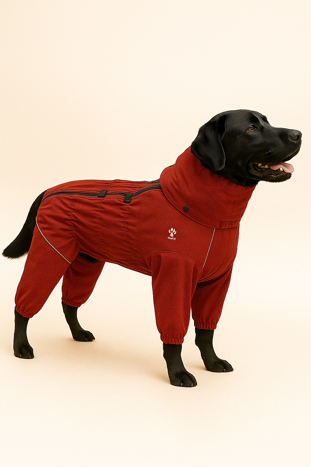 Black dog wearing a red snowsuit on a beige background