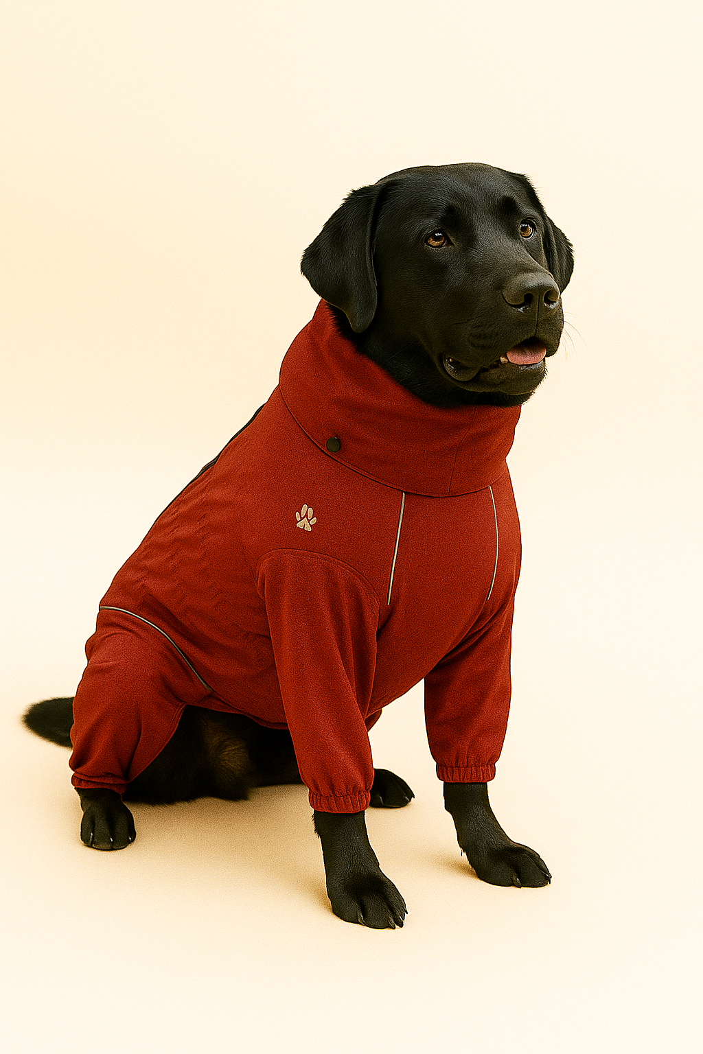 Black dog wearing a red outfit on a beige background