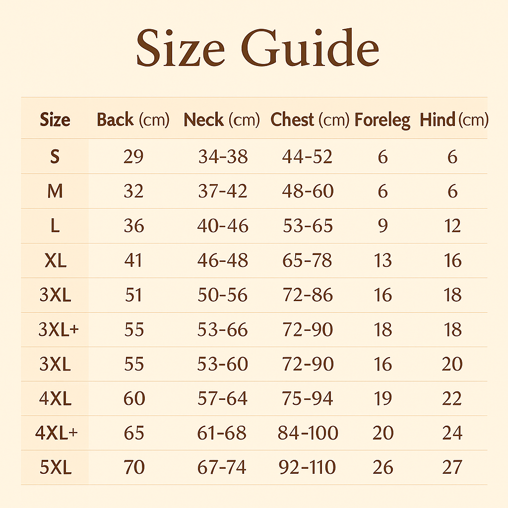Size guide chart for clothing measurements in centimeters