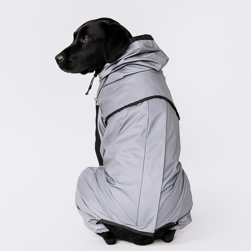 Dog wearing a gray raincoat on a white background