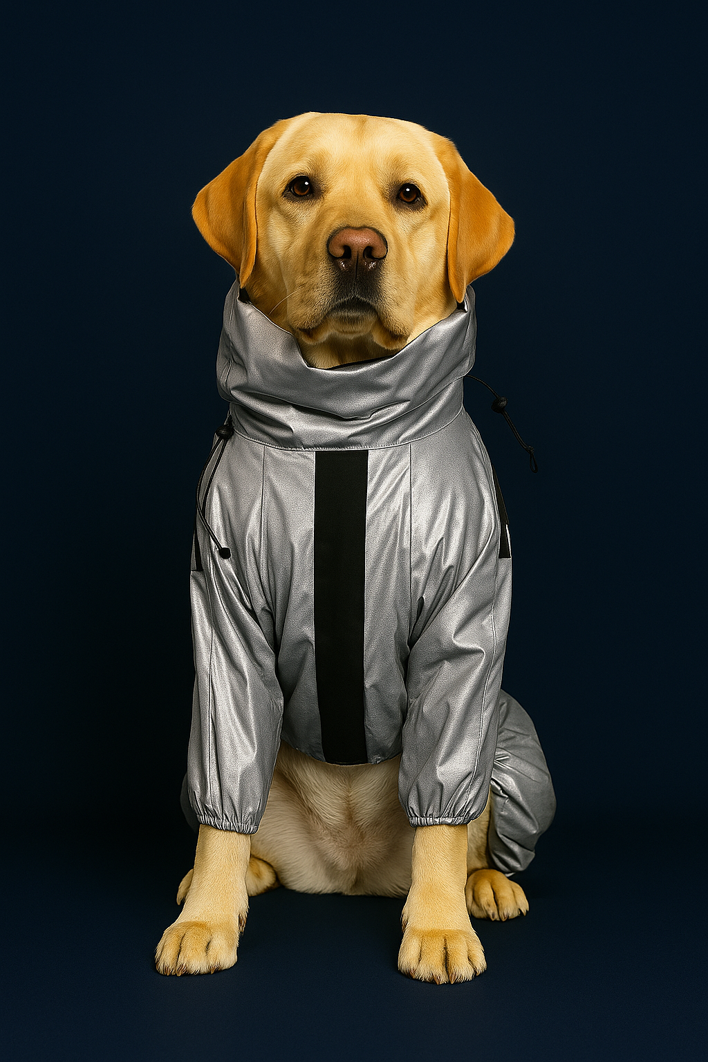 Dog wearing a silver raincoat on a black background