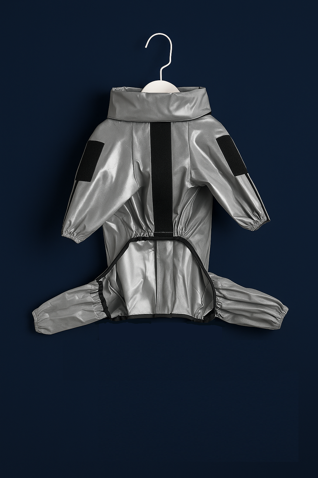 Silver raincoat with black patches on a hanger against a dark background