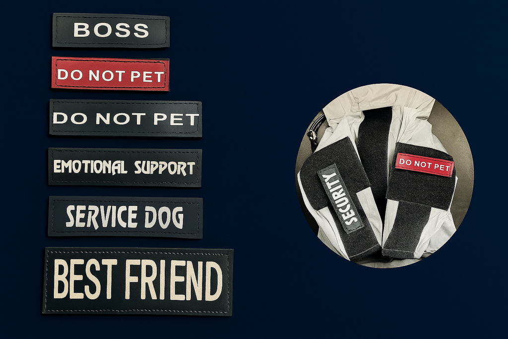 Set of dog tags with various labels on a dark blue background