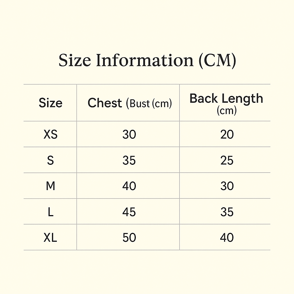 Size chart for clothing with chest and back length measurements in centimeters.