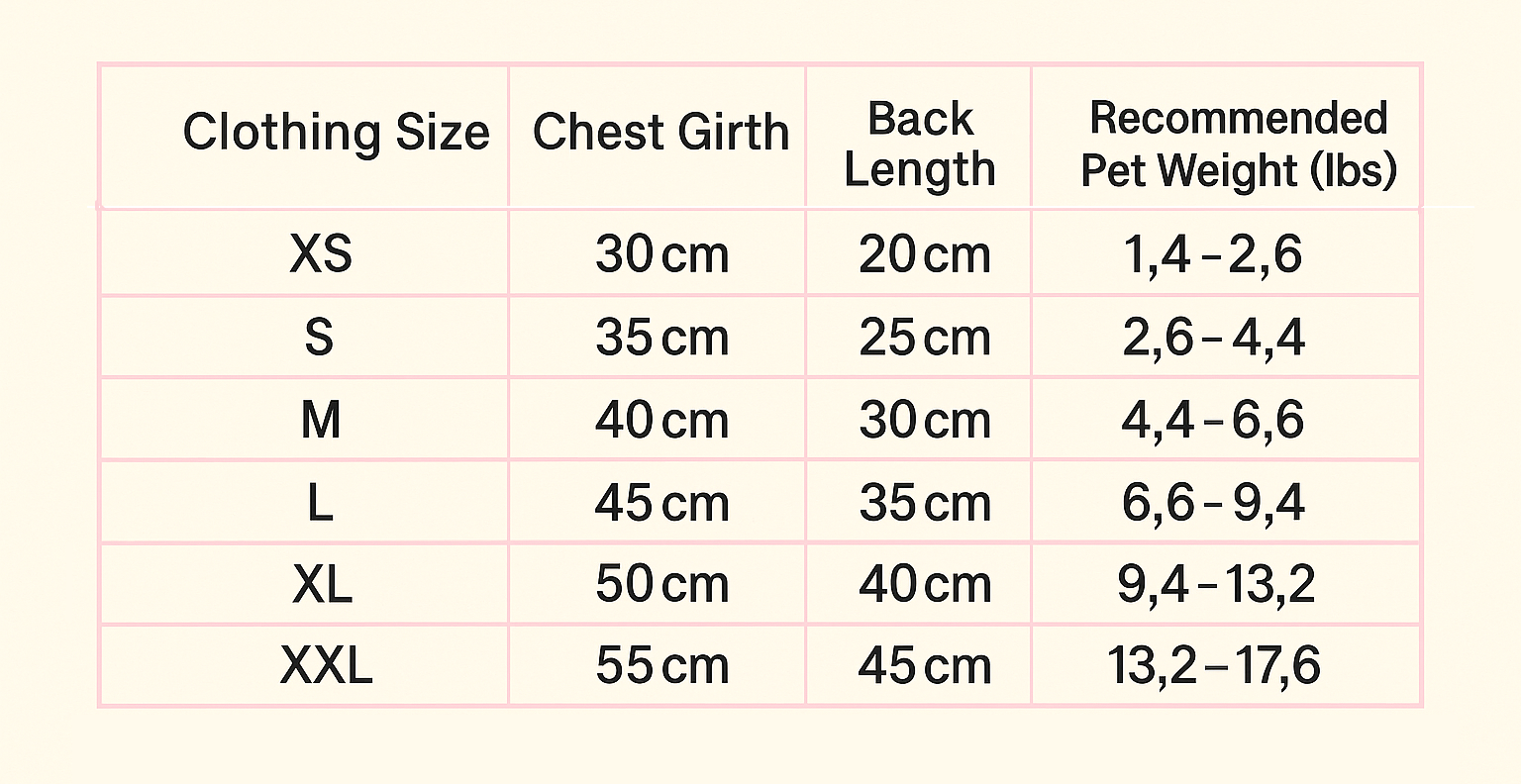 Table showing clothing size chart with chest girth, back length, and recommended pet weight for dogs.