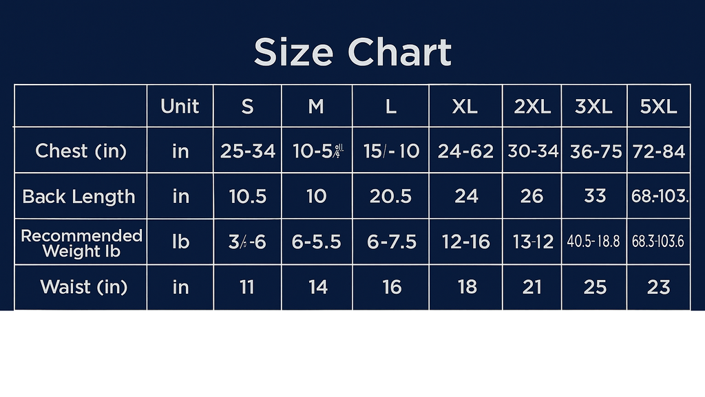 Size chart for clothing measurements on a blue background