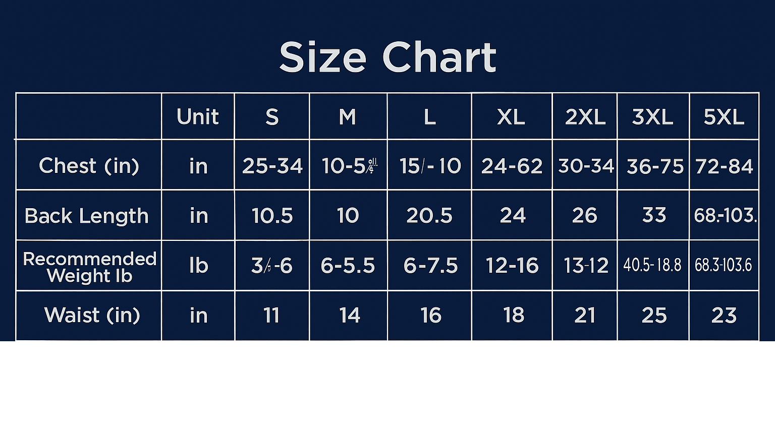 Size chart for clothing measurements on a blue background
