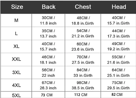 Size chart for clothing measurements including back, chest, and head circumferences.