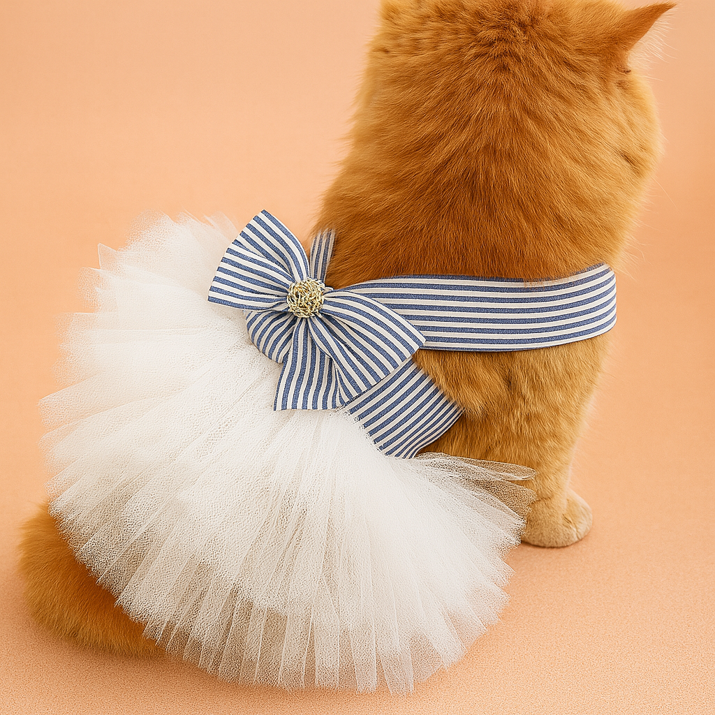 Cat wearing a white tutu with a blue and white striped bow on a peach background