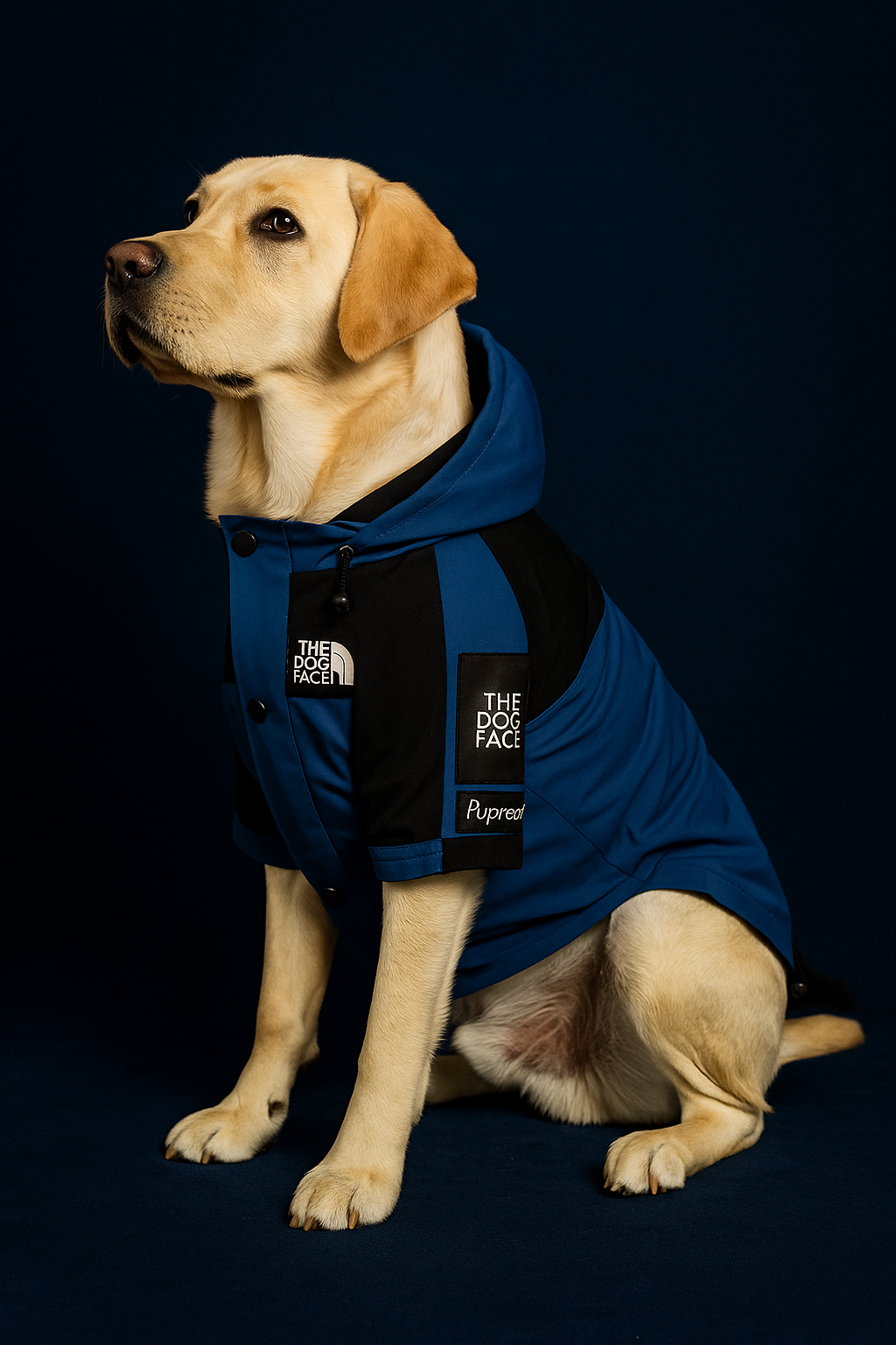 Dog wearing a blue puffer vest with visible branding on a black background