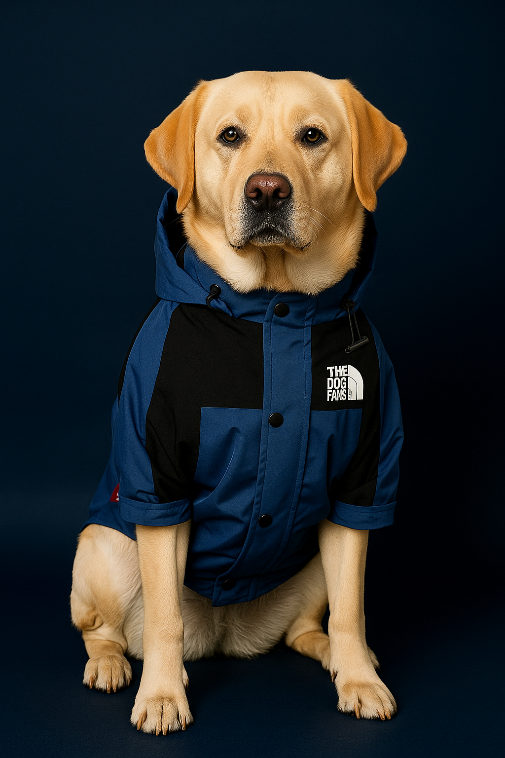 Dog wearing a blue coat with a brand logo on a dark background