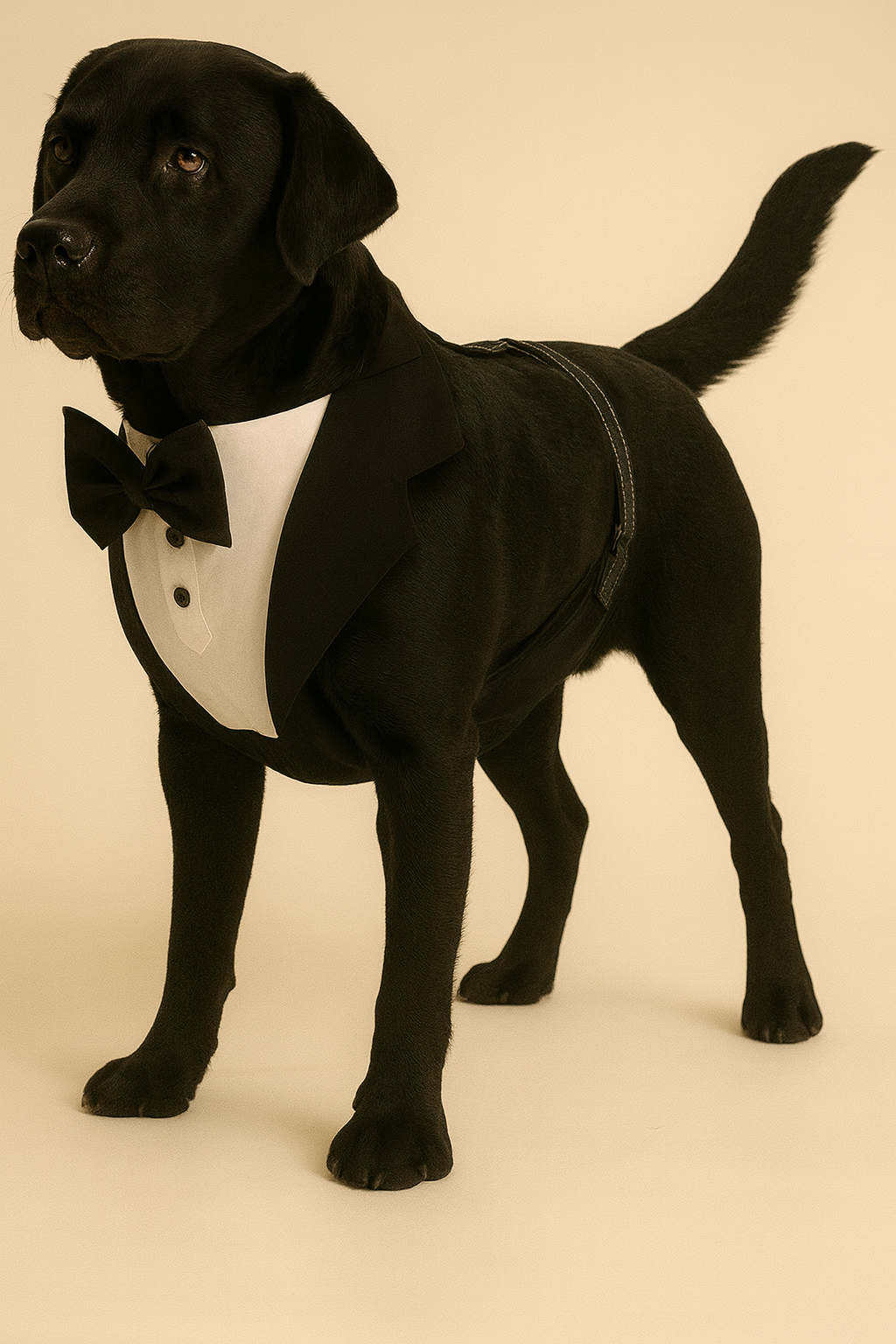 Black dog wearing a tuxedo with a bow tie on a beige background