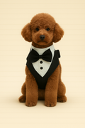 Brown dog wearing a black bow tie and white shirt on a beige background
