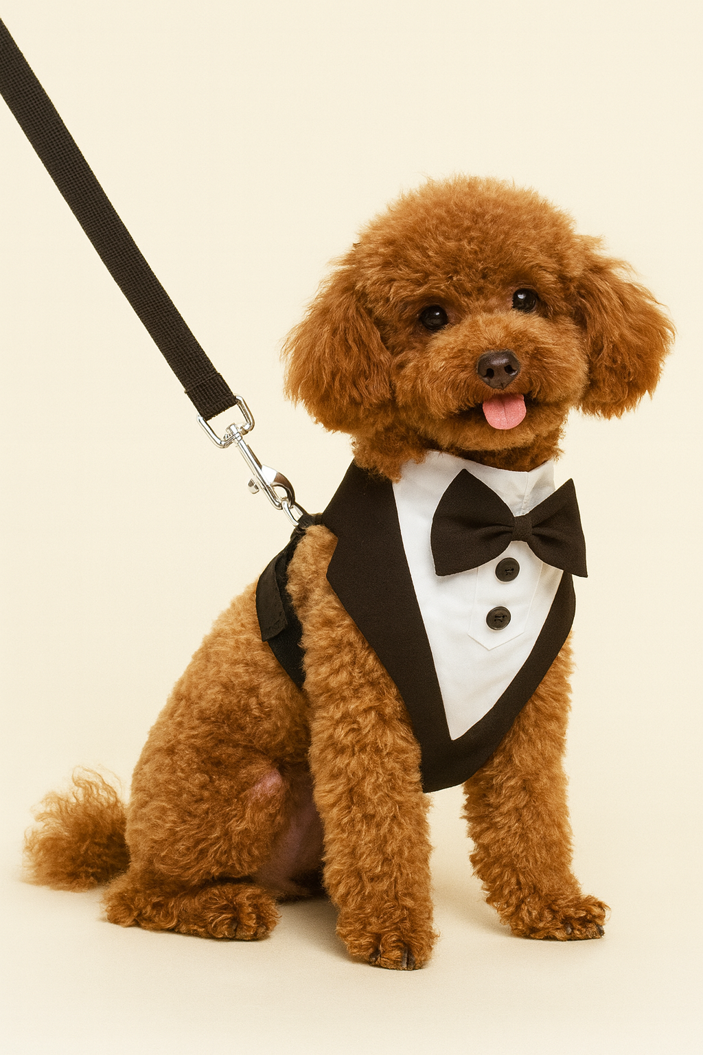 Small dog in a tuxedo with a black bow tie and vest on a beige background