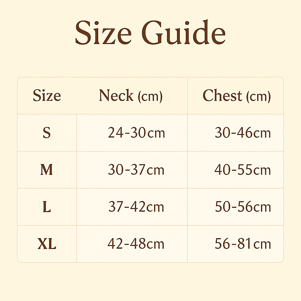 Size guide chart for clothing with neck and chest measurements.