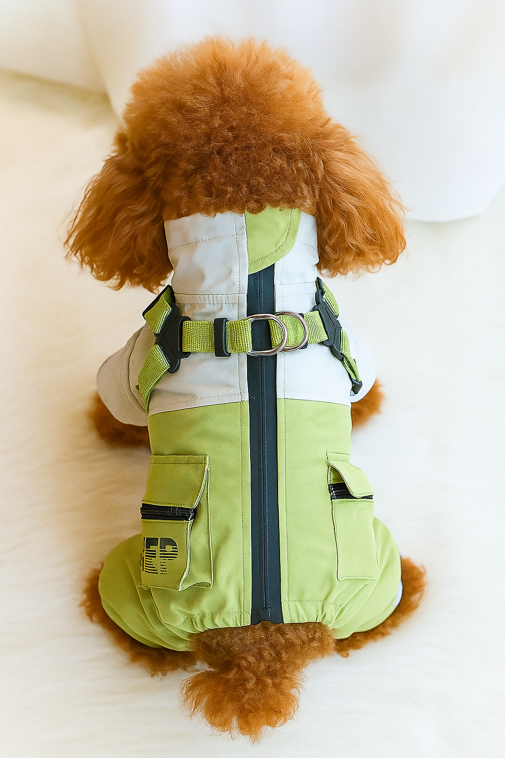 Small dog wearing a green and white jacket on a light background