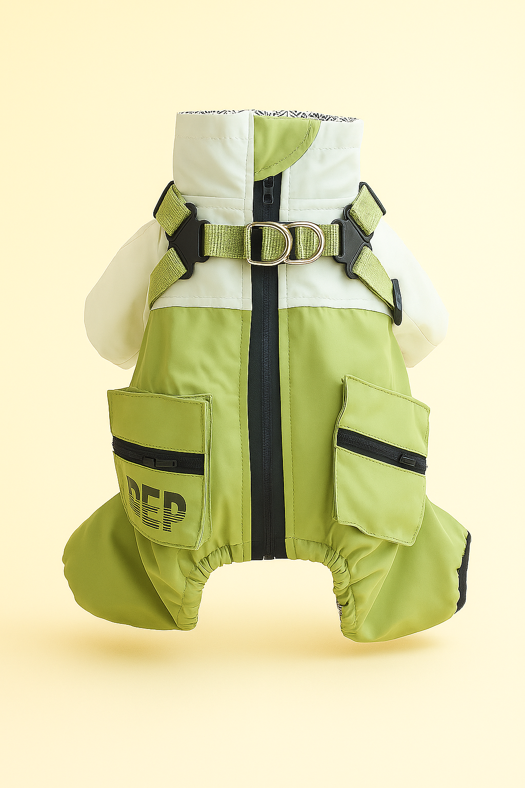Green and white dog coat with a harness on a light yellow background