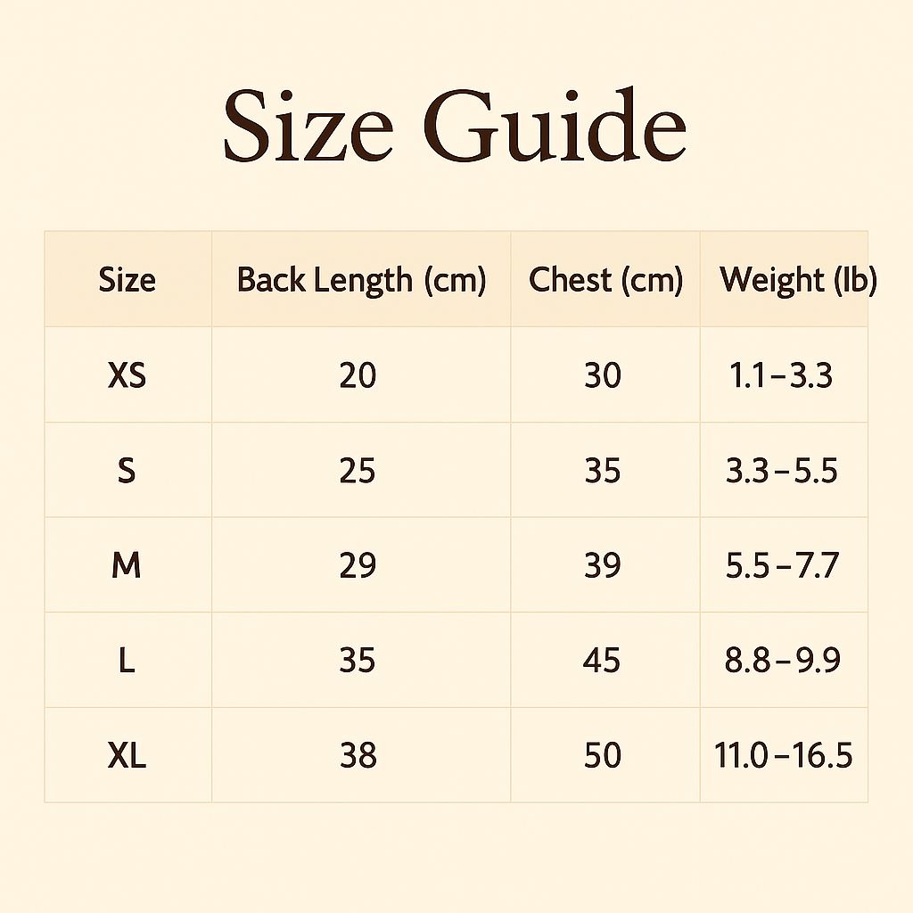 Size guide chart for clothing with measurements in centimeters and weight in pounds.