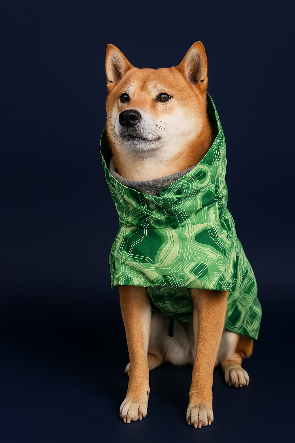 Dog wearing a green patterned raincoat on a dark background